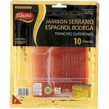 Jambon Serrano espagnol Bodega tranches superfines 120 g - Charcuterie Traiteur - Promocash Grenoble